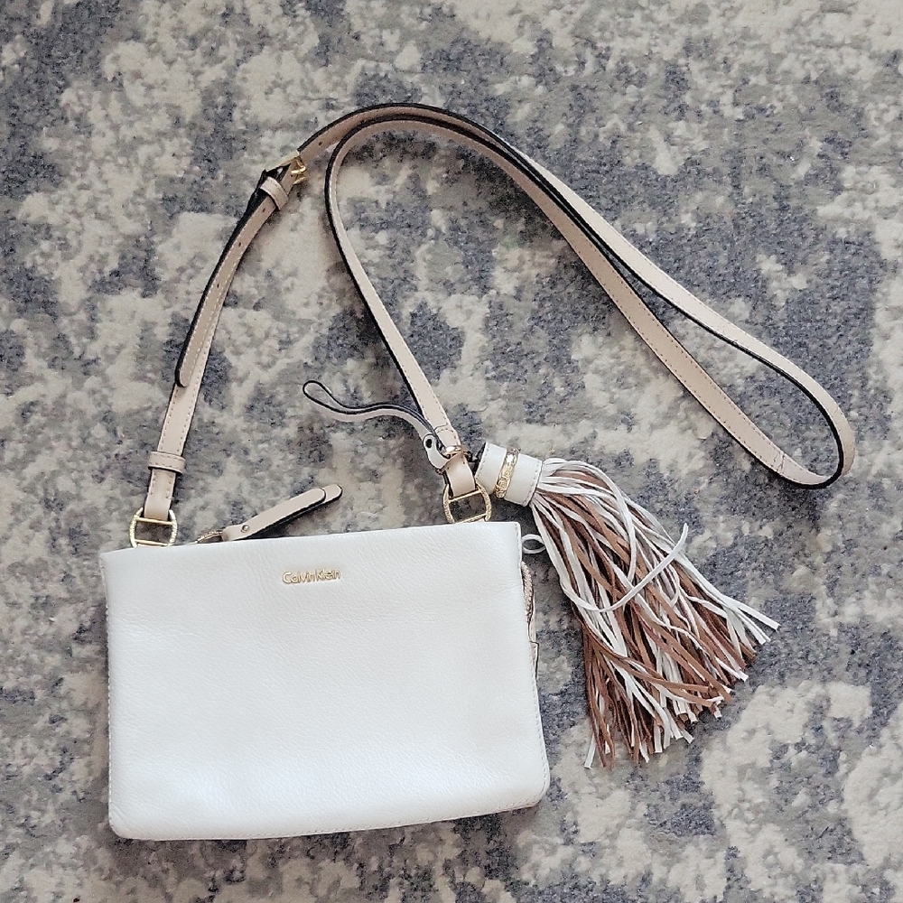 Calvin Klein Tan and White Crossbody Bag with Sleek Design